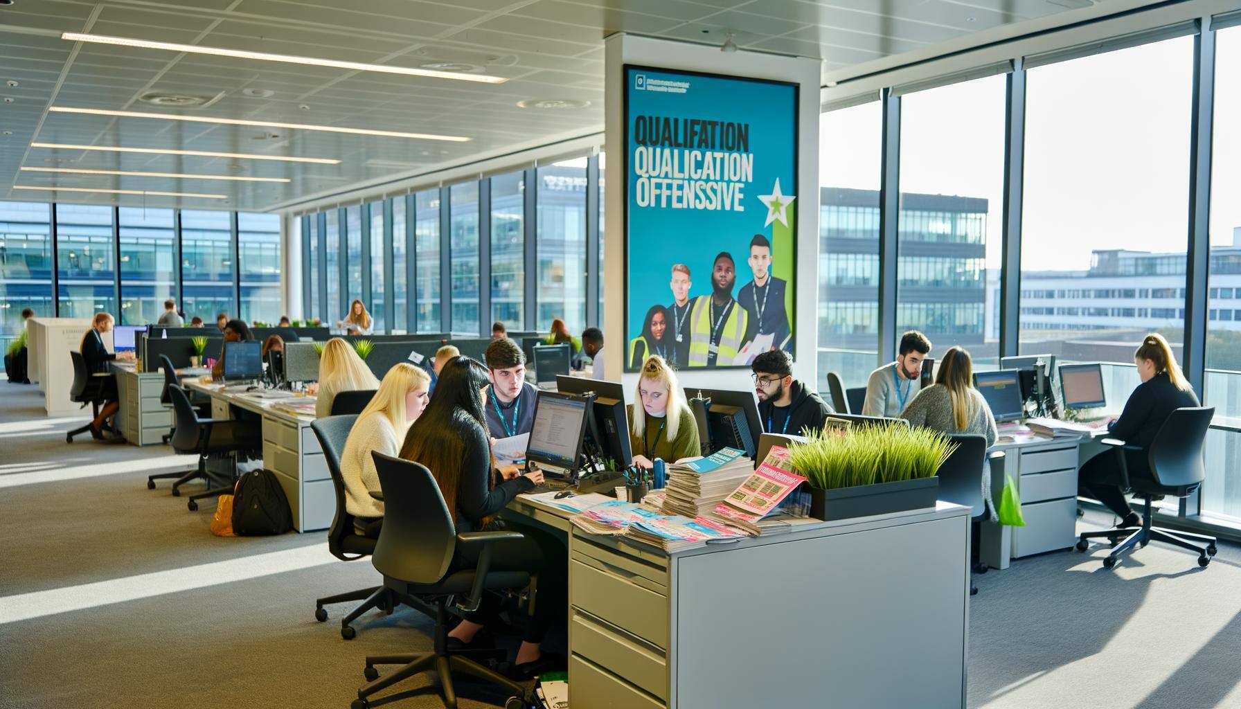 The image displays a modern office environment with several employees of various descents and genders sitting at desks, focused on working on their la