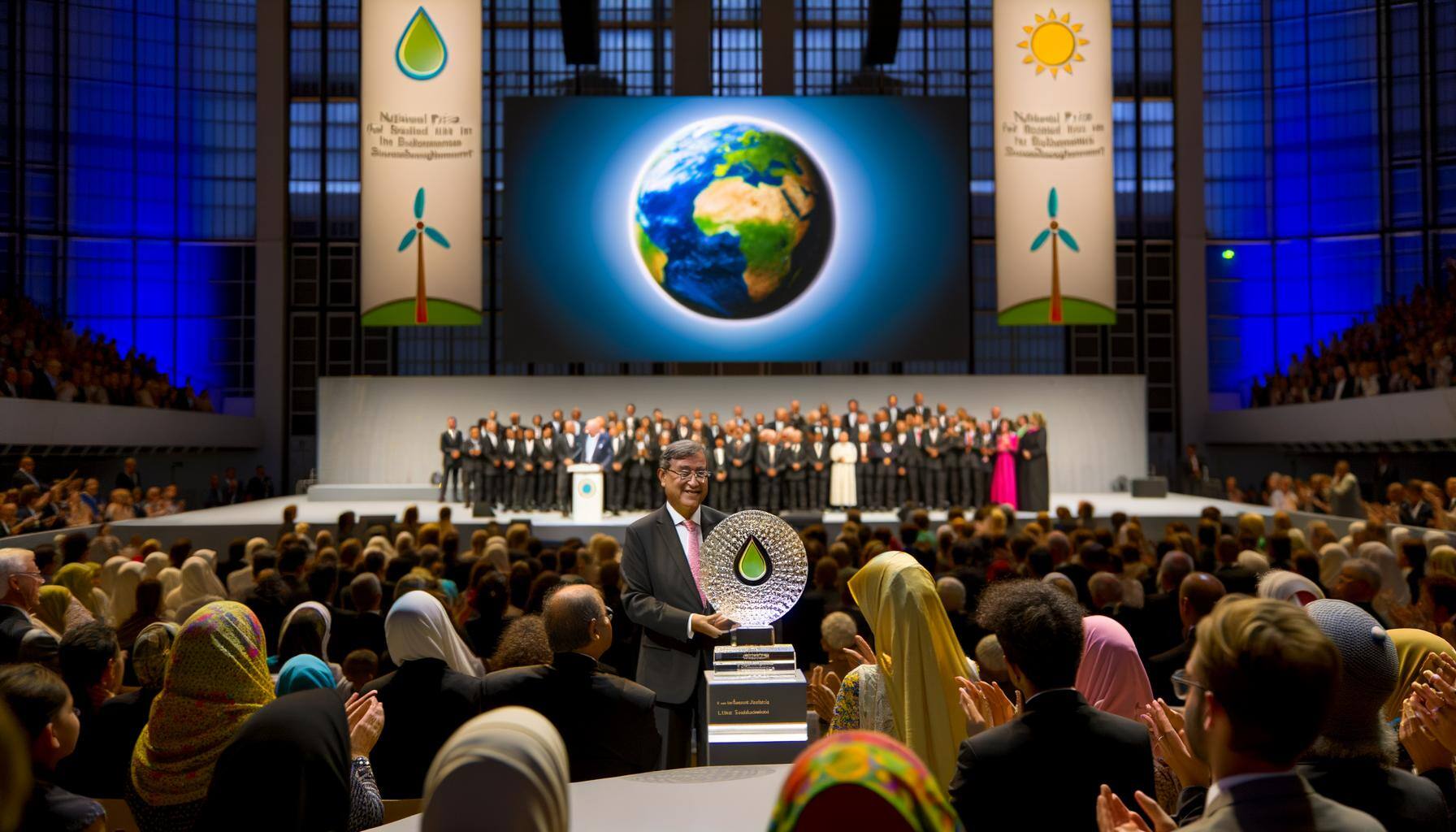 The image captures a grand award ceremony at a large hall bathed in soothing, ambient light. In the heart of the scene, a distinguished official, repr