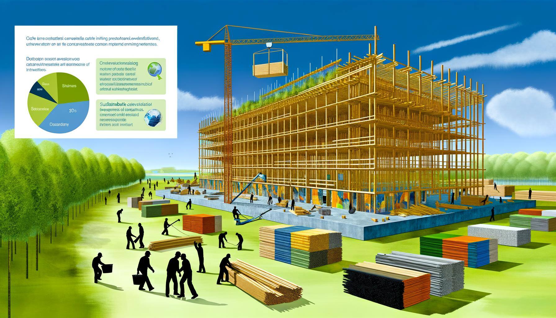 A vibrant scene of a building under construction is presented, with a multi-story structure being assembled predominantly from wooden beams and column