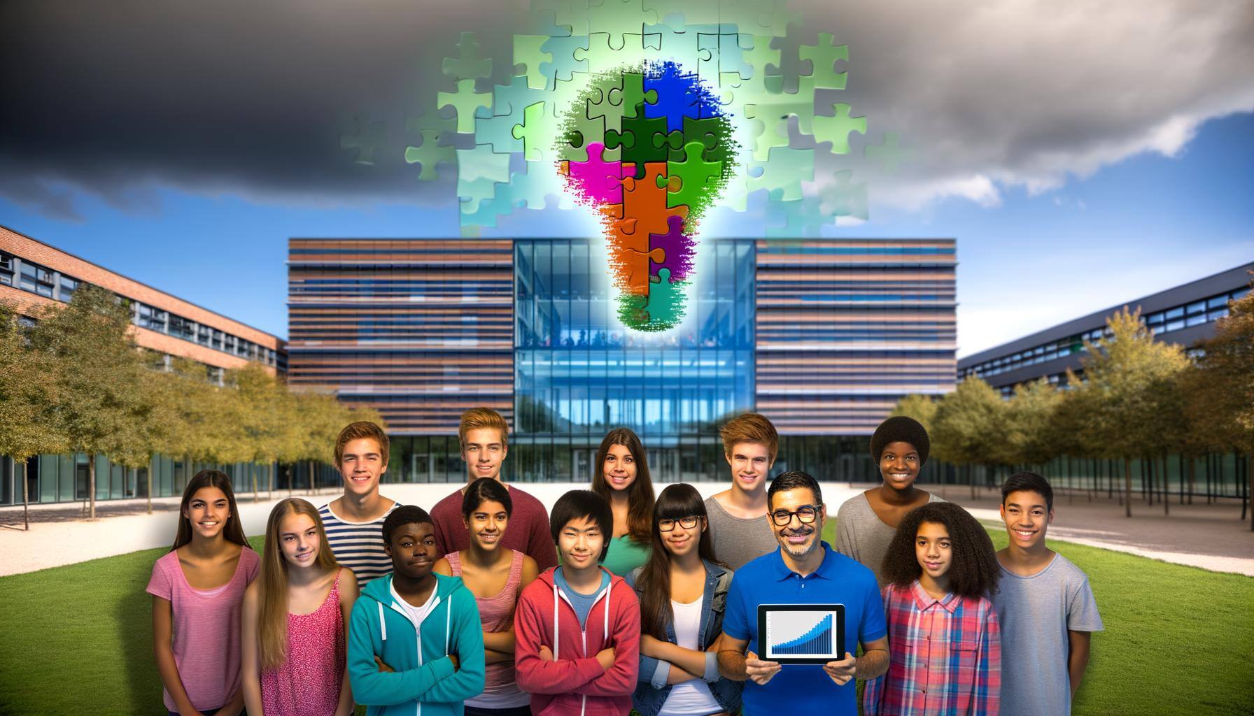 The image portrays a group of students with a range of descents - Asian, Caucasian, Black, and Middle-Eastern, of different age groups. They are posit