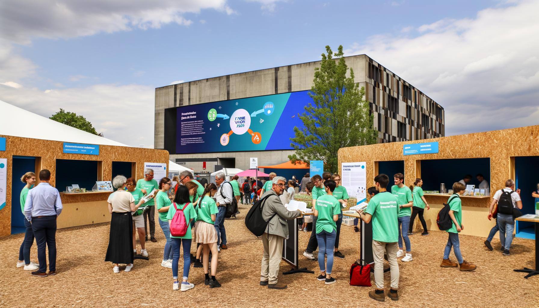 Illustrate a lively community gathering happening in a generous open-air locale of Leipzig. The area is decorated with banners showcasing the "Future 