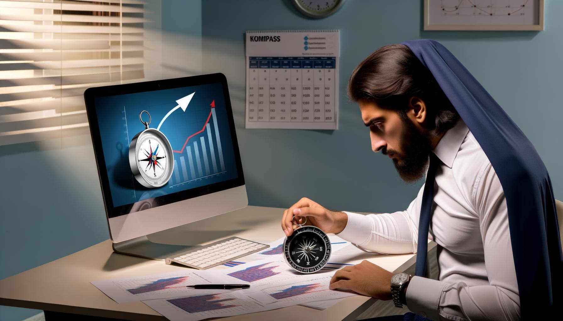 Create an image of a Middle-Eastern male sitting at a desk with a computer, surrounded by various financial charts. A compass lies on one of these cha